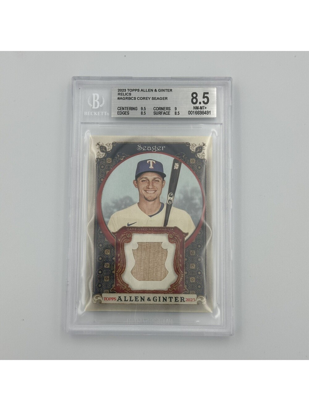 Corey Seager 2023 Topps Allen & Ginter Relic Card BGS 8.5 Game-Used Rangers